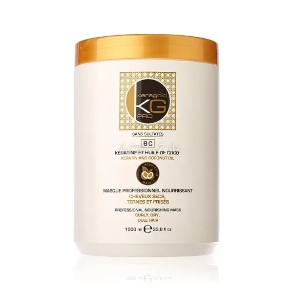 Masque professionnel nourrissant sans sulfates à la kèratine et huile de coco pour cheveux secs, ternes et frisés, BC, Keragold, 1000ml