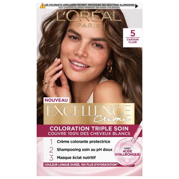 Coloration 5 Châtain Clair Enrichie en Acide Hyaluronique Couvre 100% Cheveux Blancs Excellence Crème L'OREAL PARIS